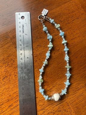 Aquamarine Gemstone Beaded Choker with White Fossil Ivory Bead